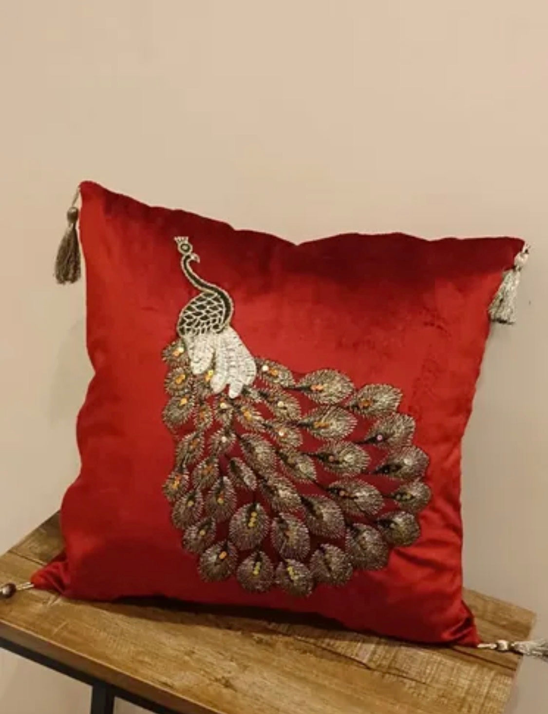Hand-Embellished Peacock Motif Velvet Cushion Cover