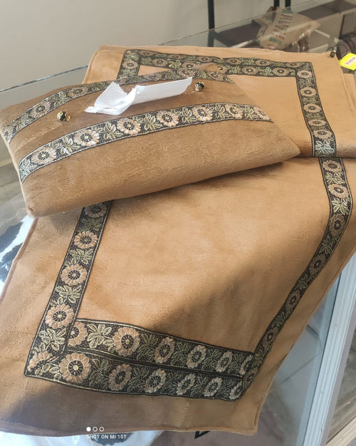 Fabric - velvet  Colour -Camel brown  Set of table runner with tissue box cover