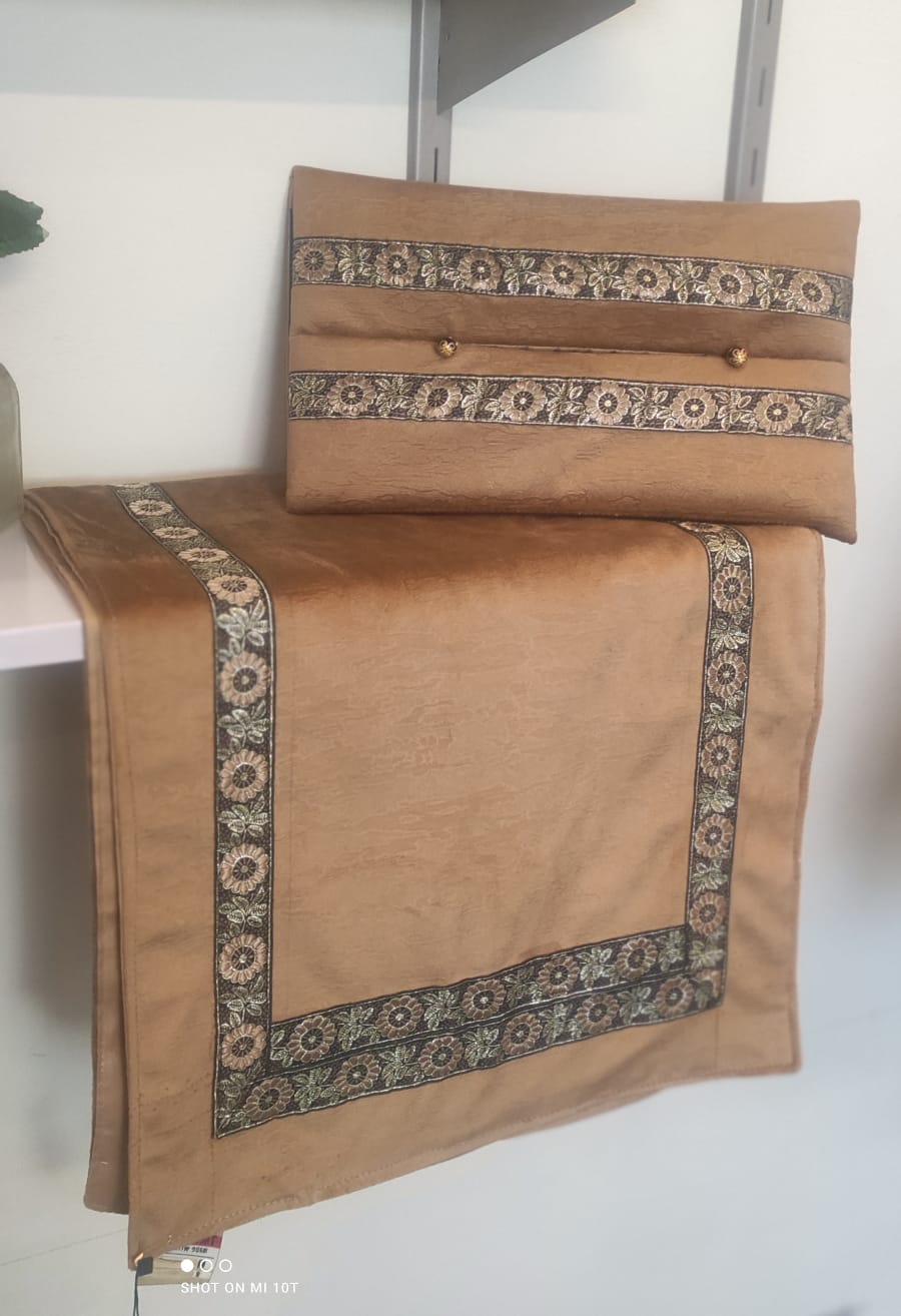 Fabric - velvet  Colour -Camel brown  Set of table runner with tissue box cover