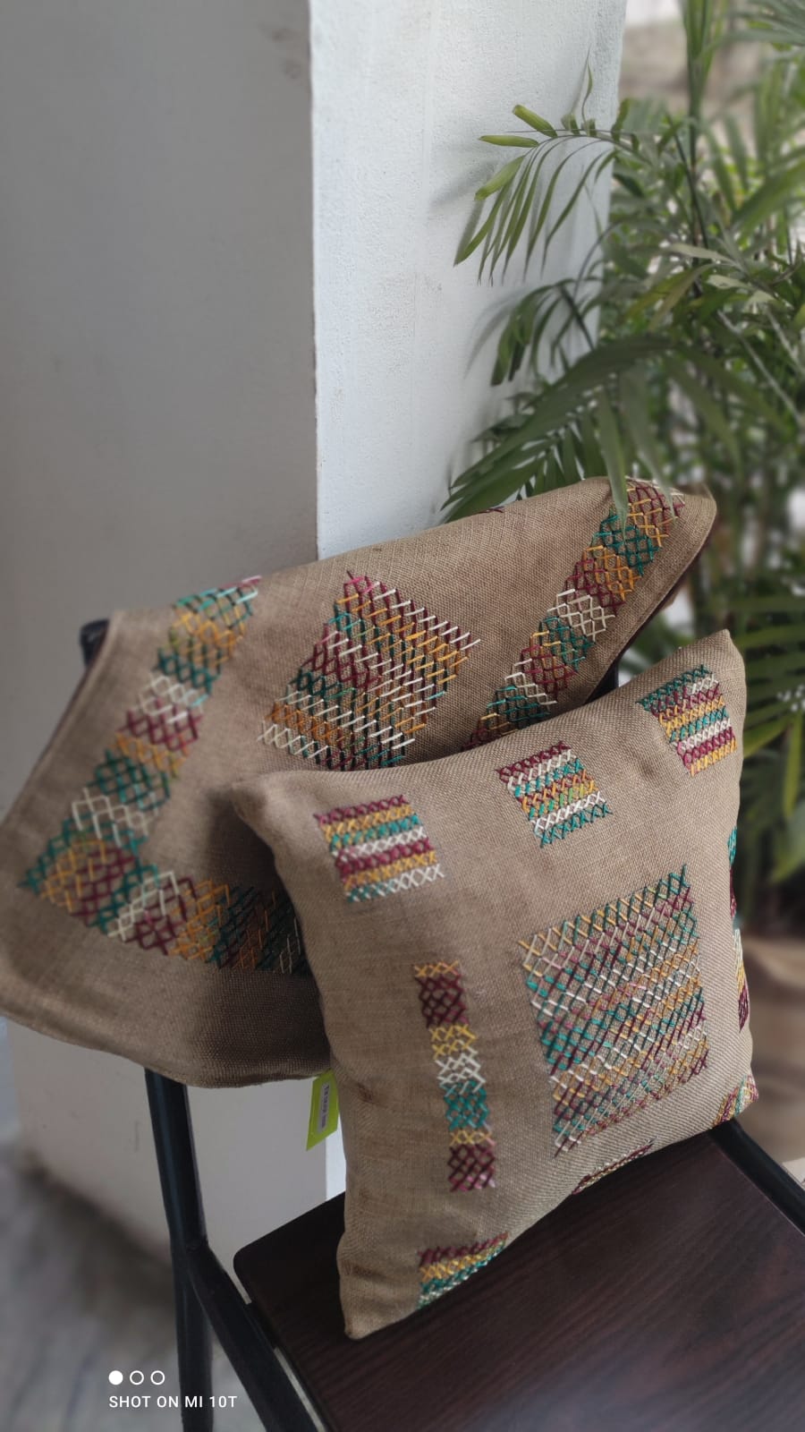 Signature Light Brown Jute Cushion & Runner Set – Set of 5 Luxury Cushions with Hand Embroidery