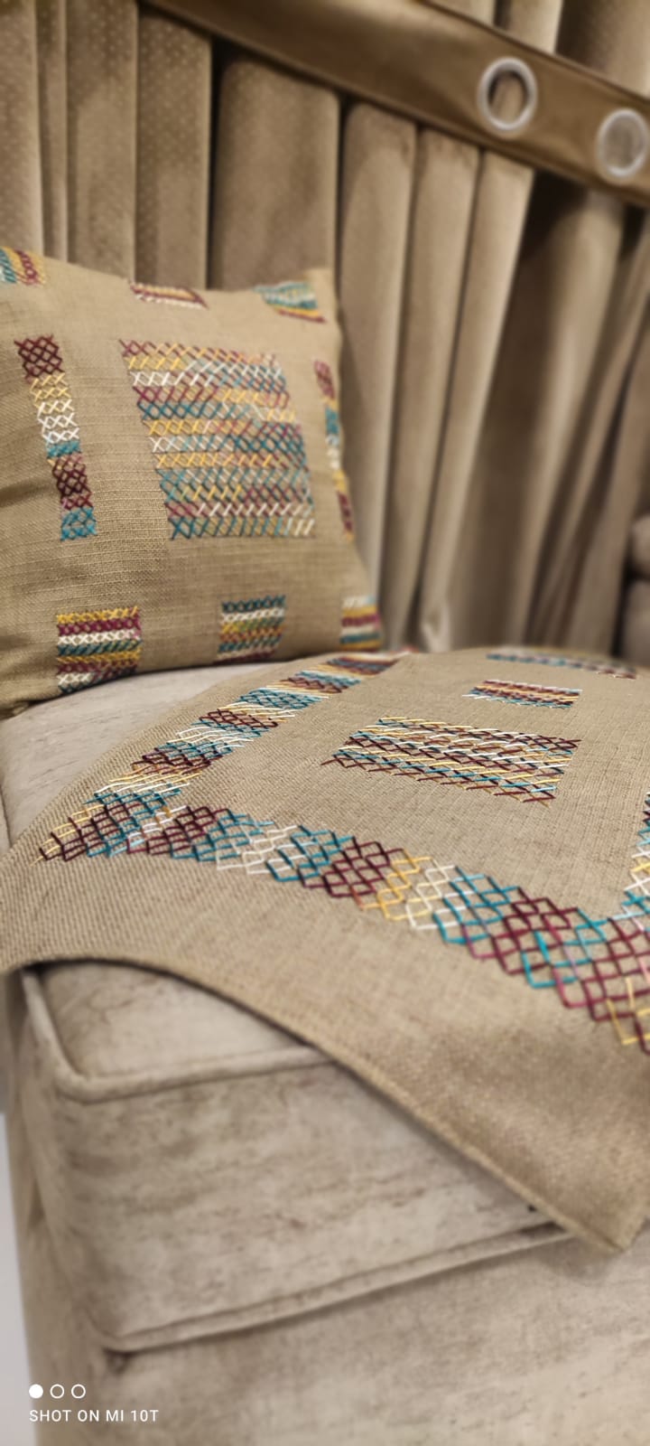 Signature Light Brown Jute Cushion & Runner Set – Set of 5 Luxury Cushions with Hand Embroidery