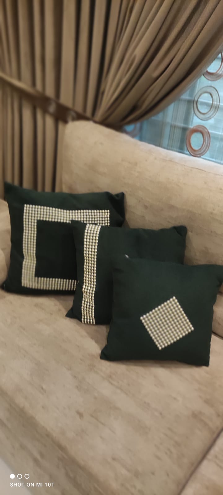 Premium Bottle Green Velvet Cushion Light Golden Stone Accents – Set of 3