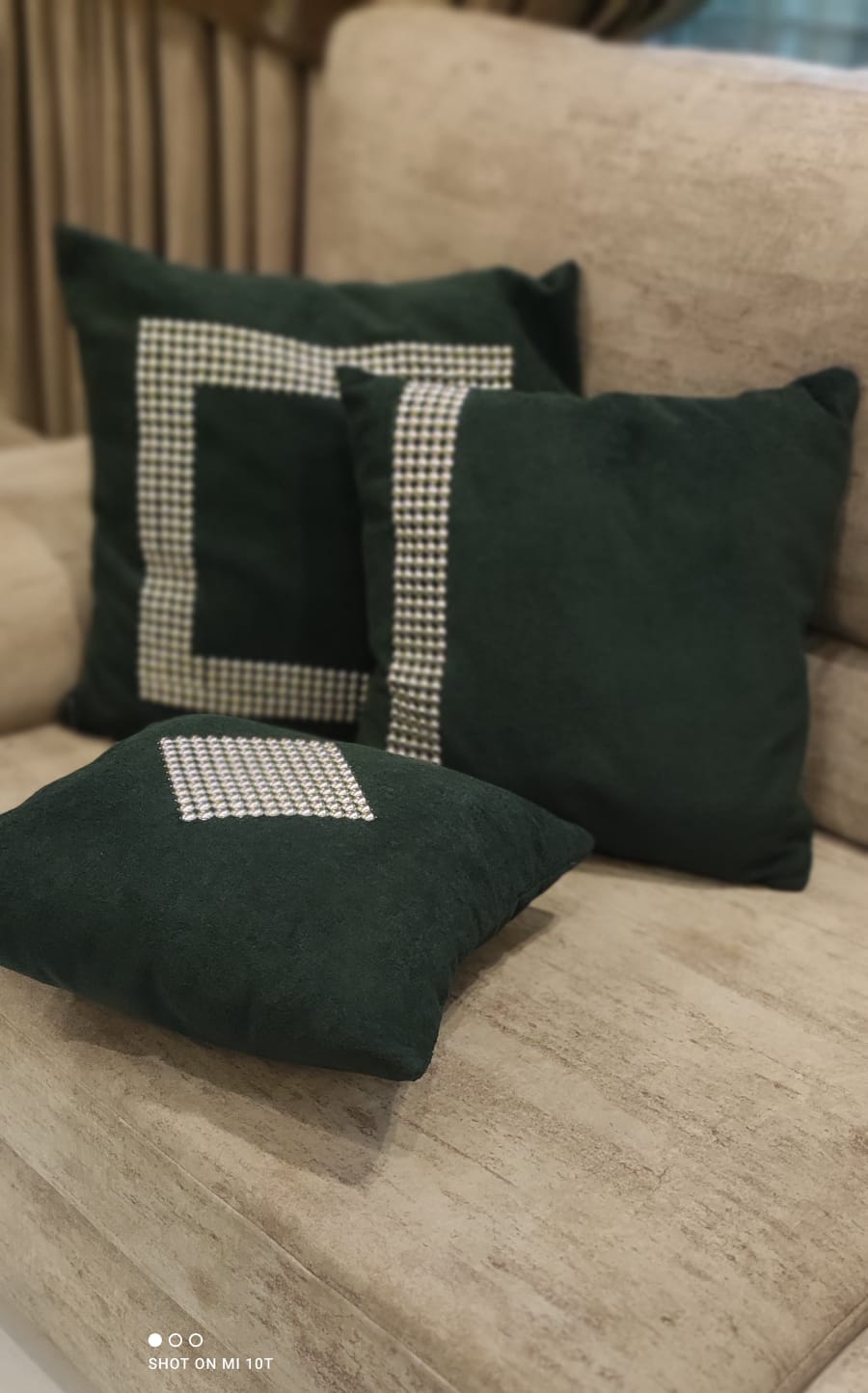 Premium Bottle Green Velvet Cushion Light Golden Stone Accents – Set of 3