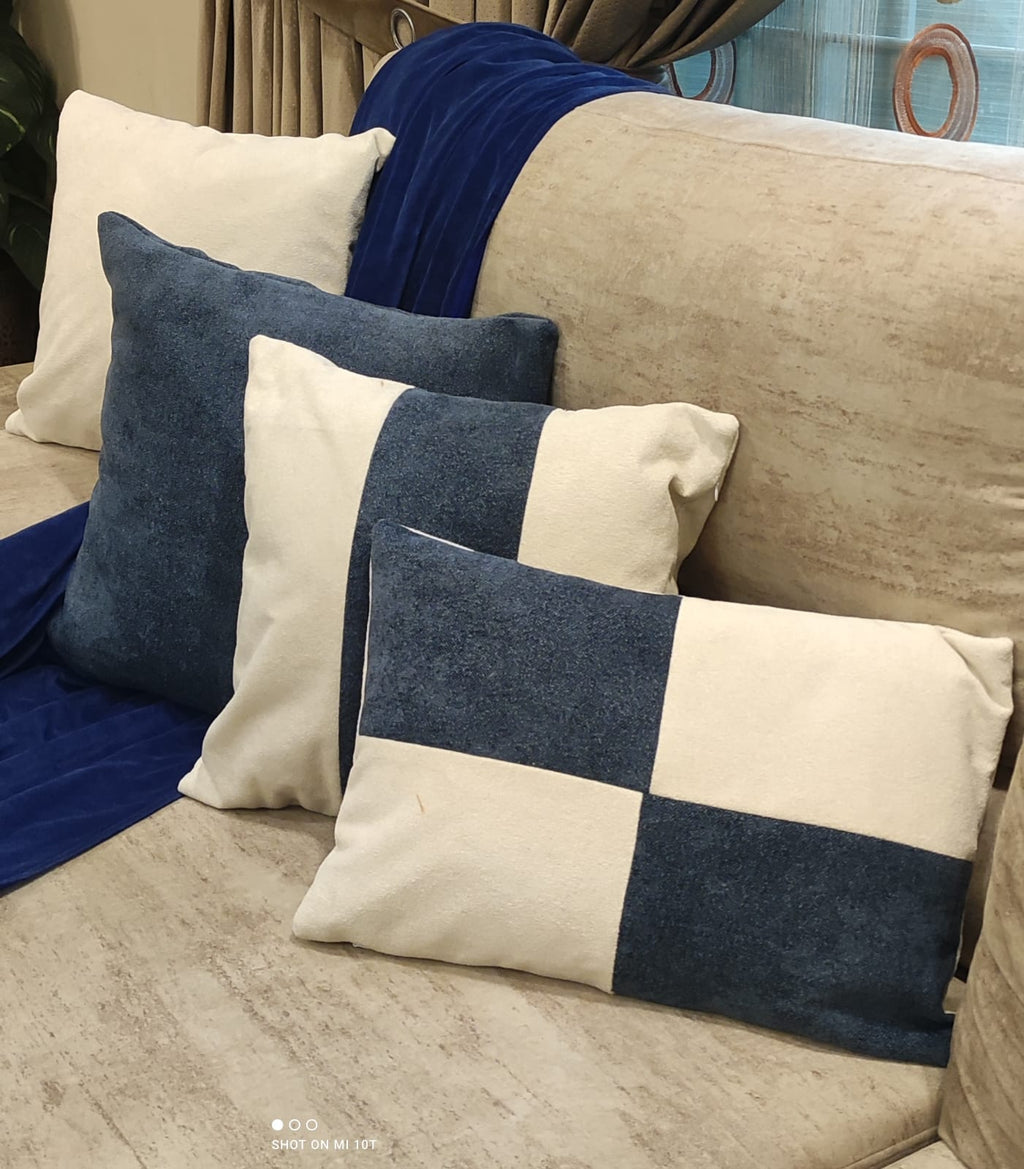 Premium Blue & Off-White Micro Fabric Cushion Set – Set of 4 Modern Minimalist Cushions