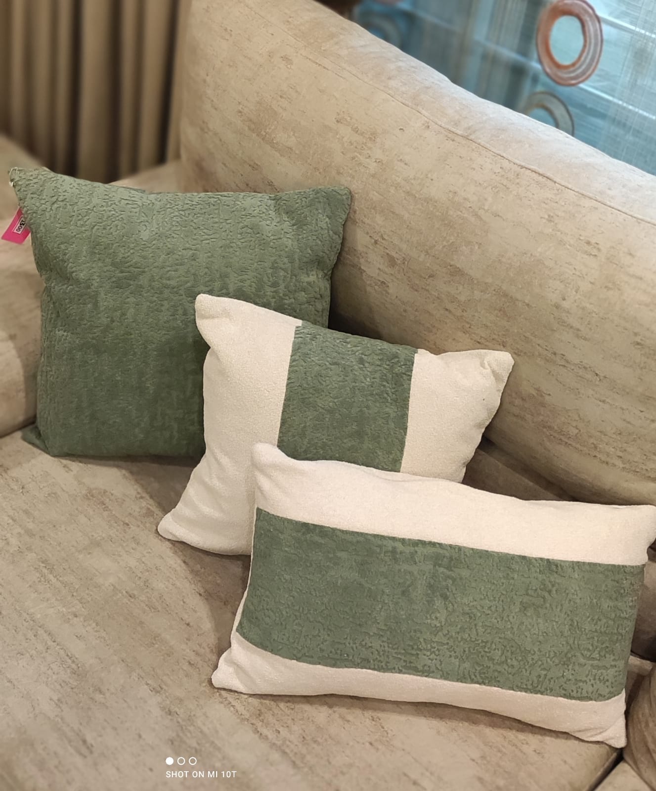 Premium Pistachio & Off-White Micro Fabric Cushion Set – Set of 3 Minimalist Decorative Pillows