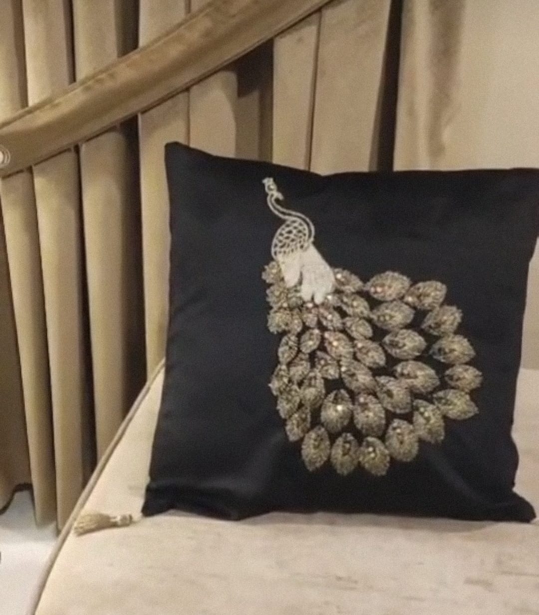 The Majestic Peacock: Hand-Embroidered Velvet Cushion