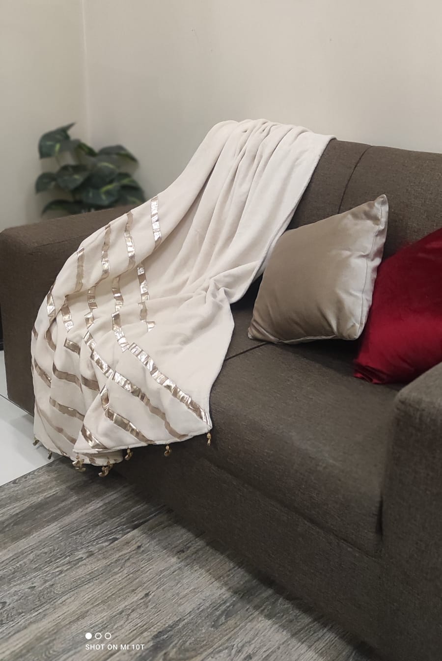 Handcrafted Gota Work Sofa Throw - Premium Off-White Decorative Wrap