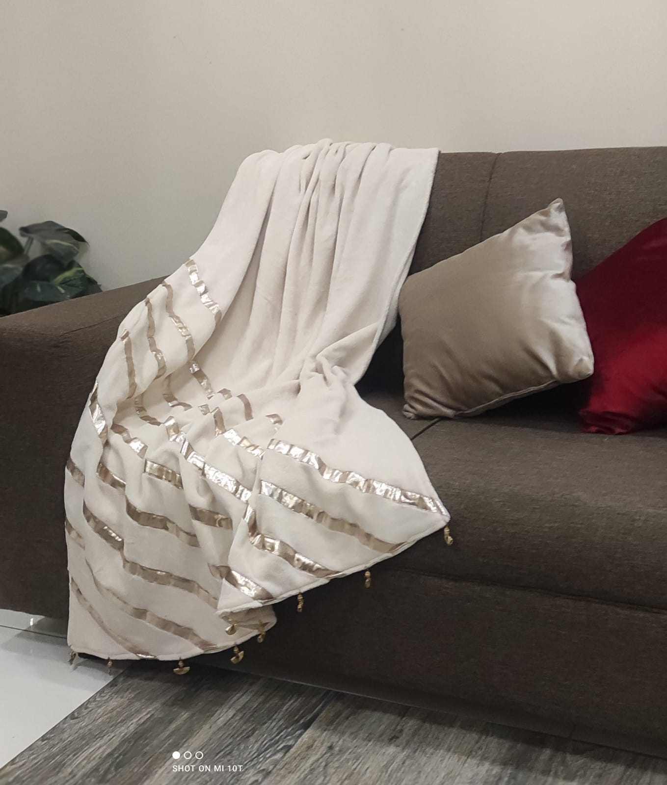 Handcrafted Gota Work Sofa Throw - Premium Off-White Decorative Wrap