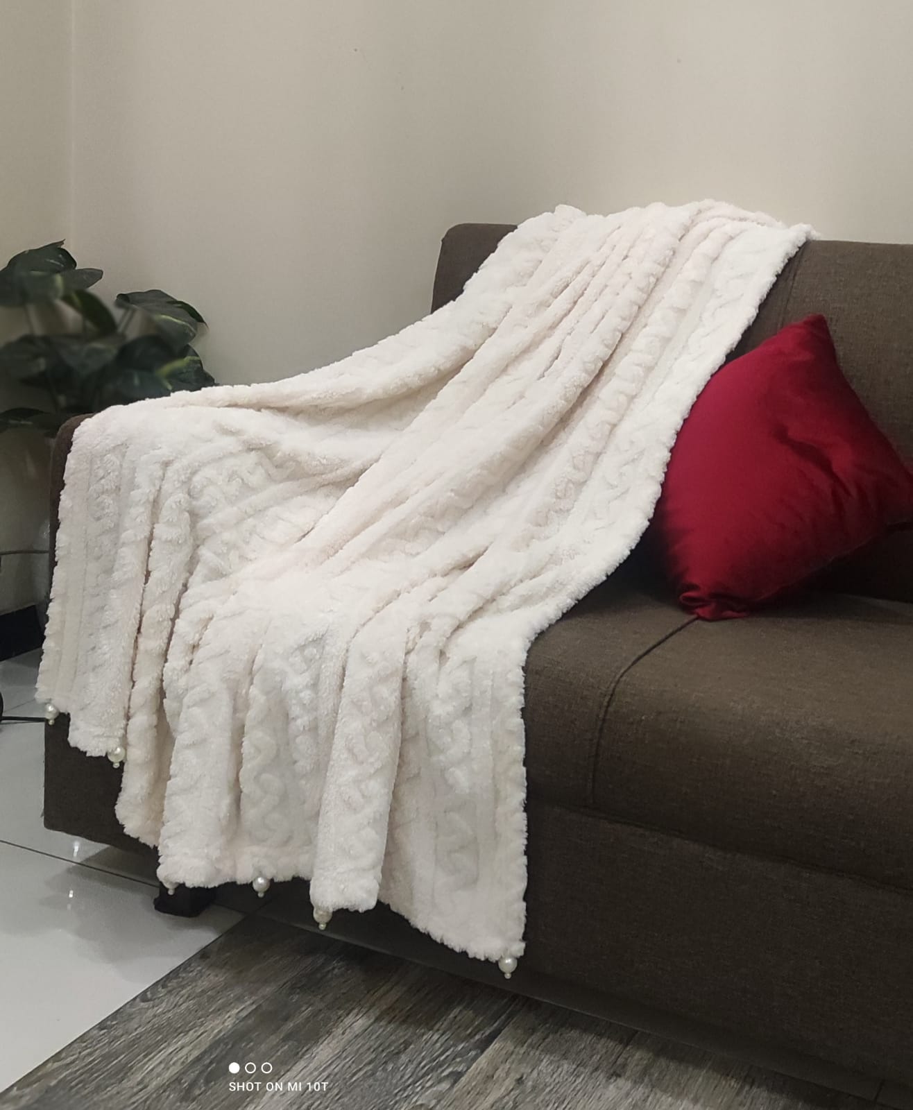 Handcrafted Pearl-Edged Sofa Throw - Square Off-White Decorative Wrap
