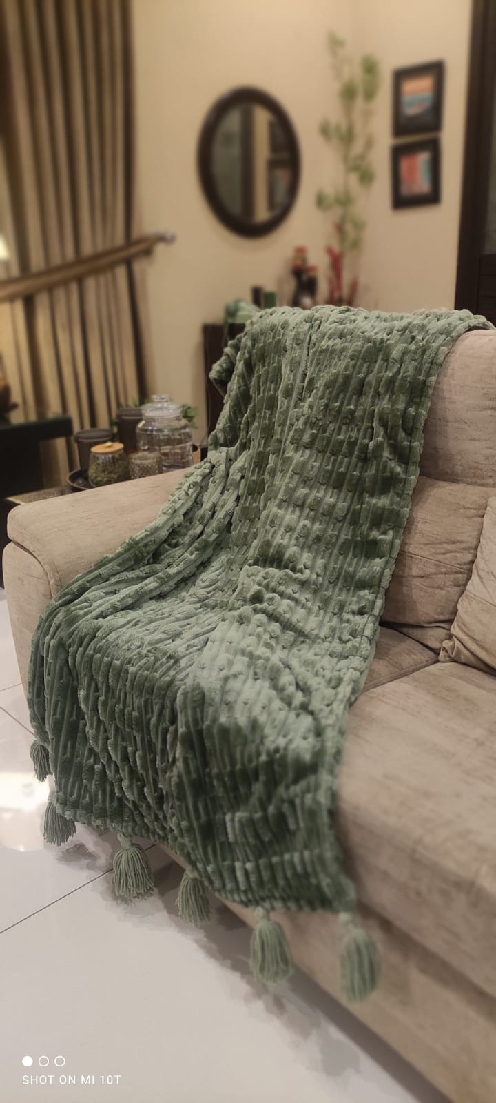 Hand-Embroidered Sage Green Fleece Sofa Throw - Premium Textured Blanket with Tassels