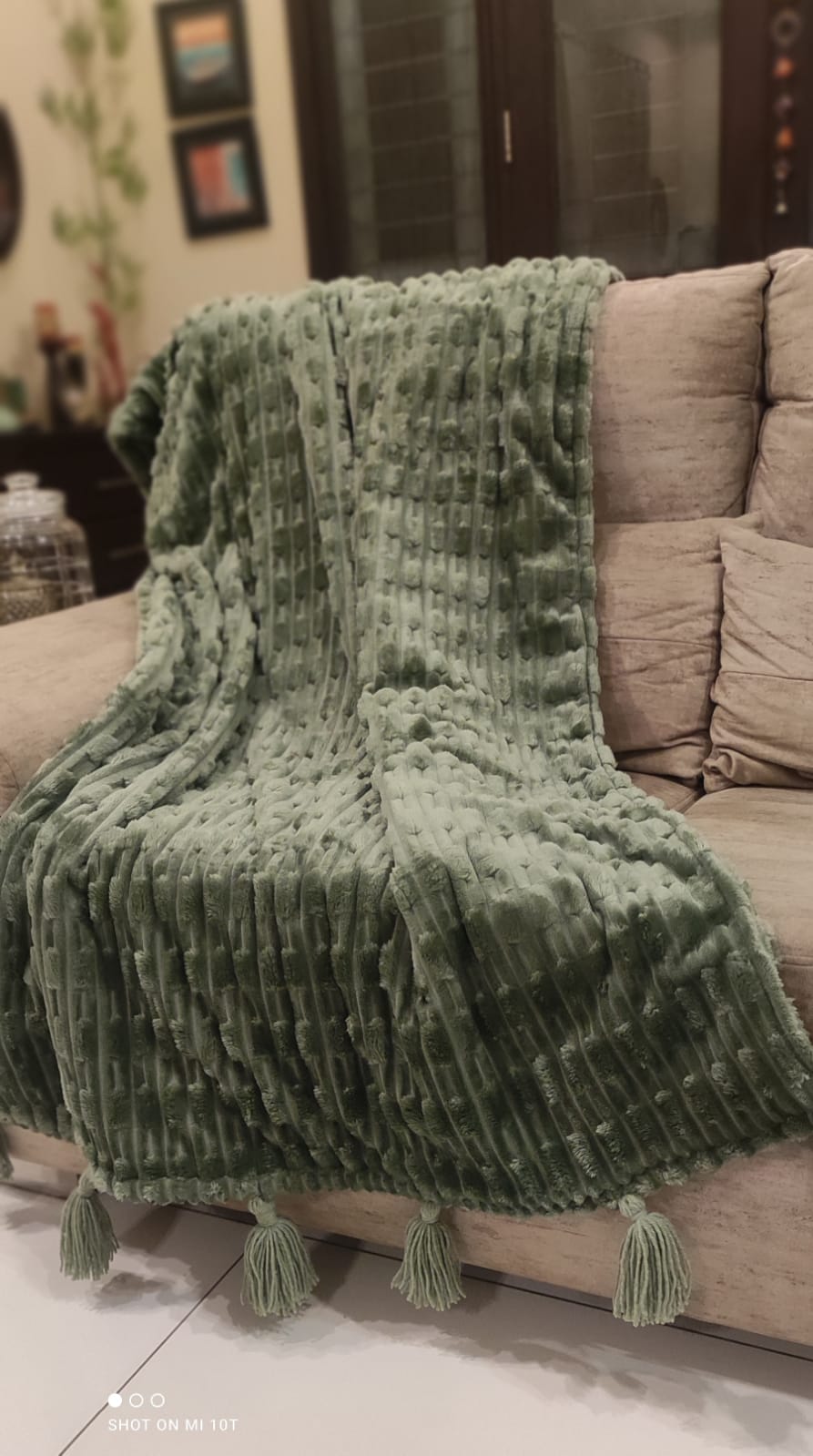 Hand-Embroidered Sage Green Fleece Sofa Throw - Premium Textured Blanket with Tassels