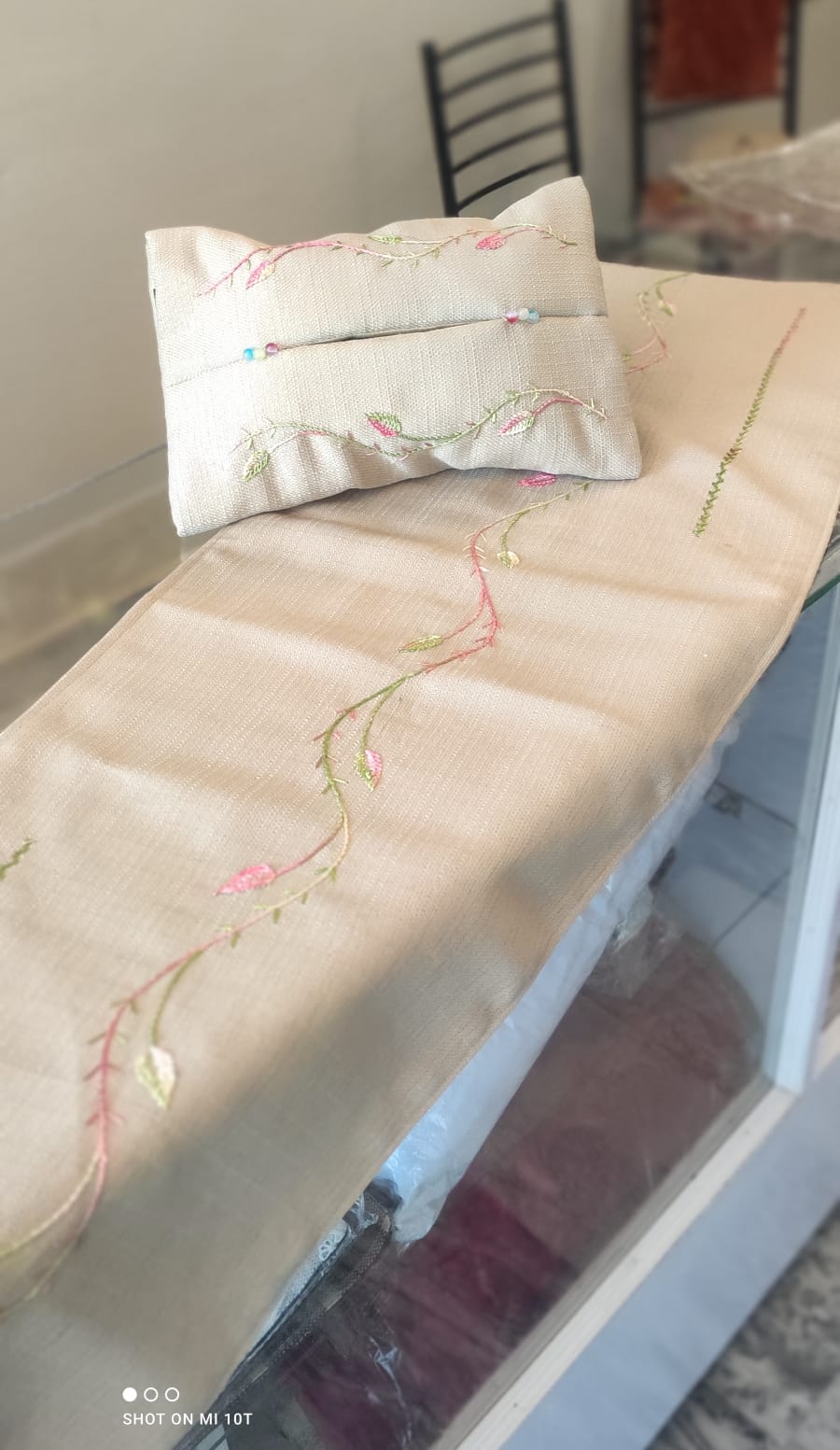 Hand-Embroidered Jute Table Runner & Tissue Box Cover Set (2-Piece)