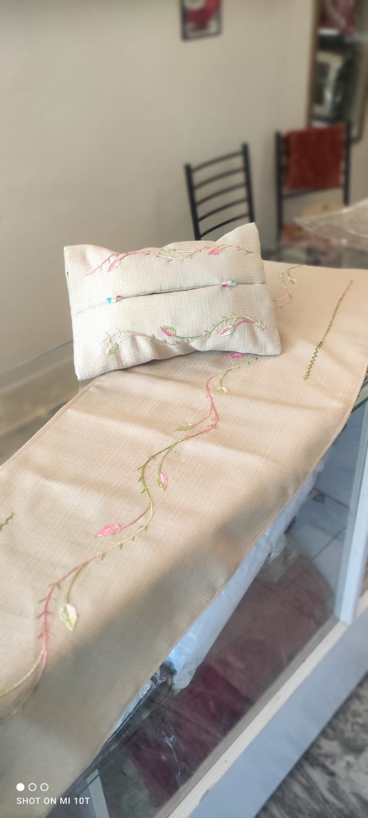Hand-Embroidered Jute Table Runner & Tissue Box Cover Set (2-Piece)