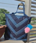 Handcrafted Dual-Tone Denim Tote Bag – Chevron Patchwork Design
