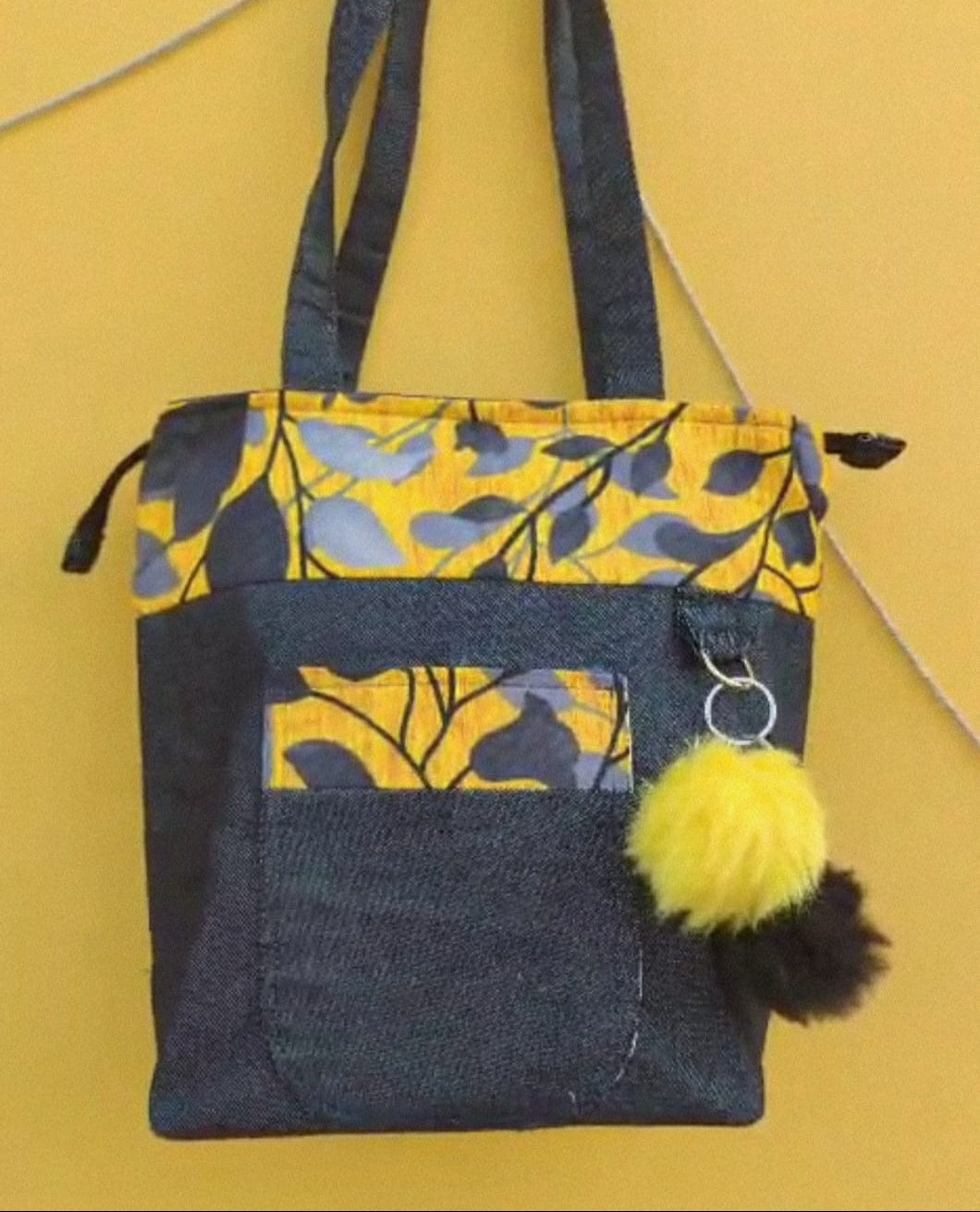 Handcrafted Navy Blue Denim Tote Bag with Vibrant Yellow Floral Accents