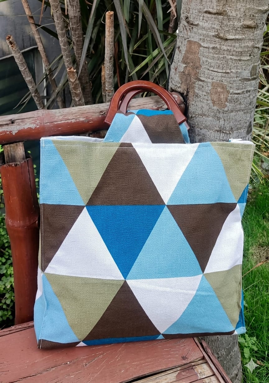 Handcrafted Geometric Triangle Pattern Tote Bag with Premium Wooden Handles