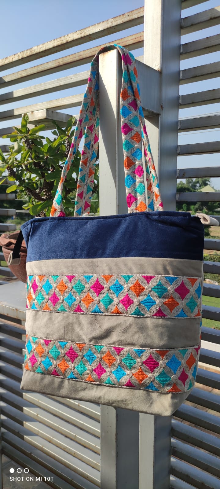 Premium Handcrafted Velvet Tote Bag – Skin & Navy Blue with Vibrant Geometric Embroidery