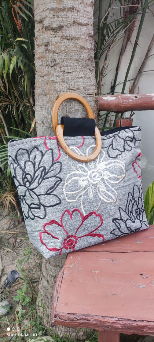 Handcrafted Khaddar Tote Bag with Designer Floral Embroidery & Wooden Handles