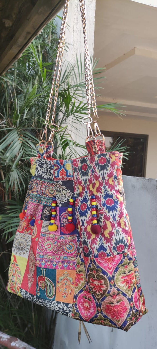 Artisan Handcrafted Khaddar Patchwork Tote Bag with Golden Chain Straps