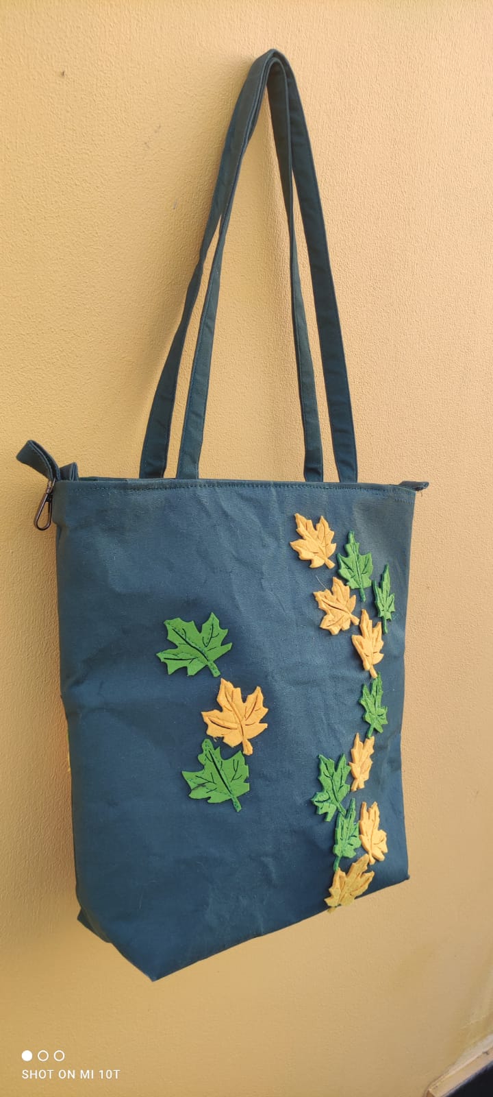 Premium Teal Green Denim Tote Bag with Autumn Leaf Design