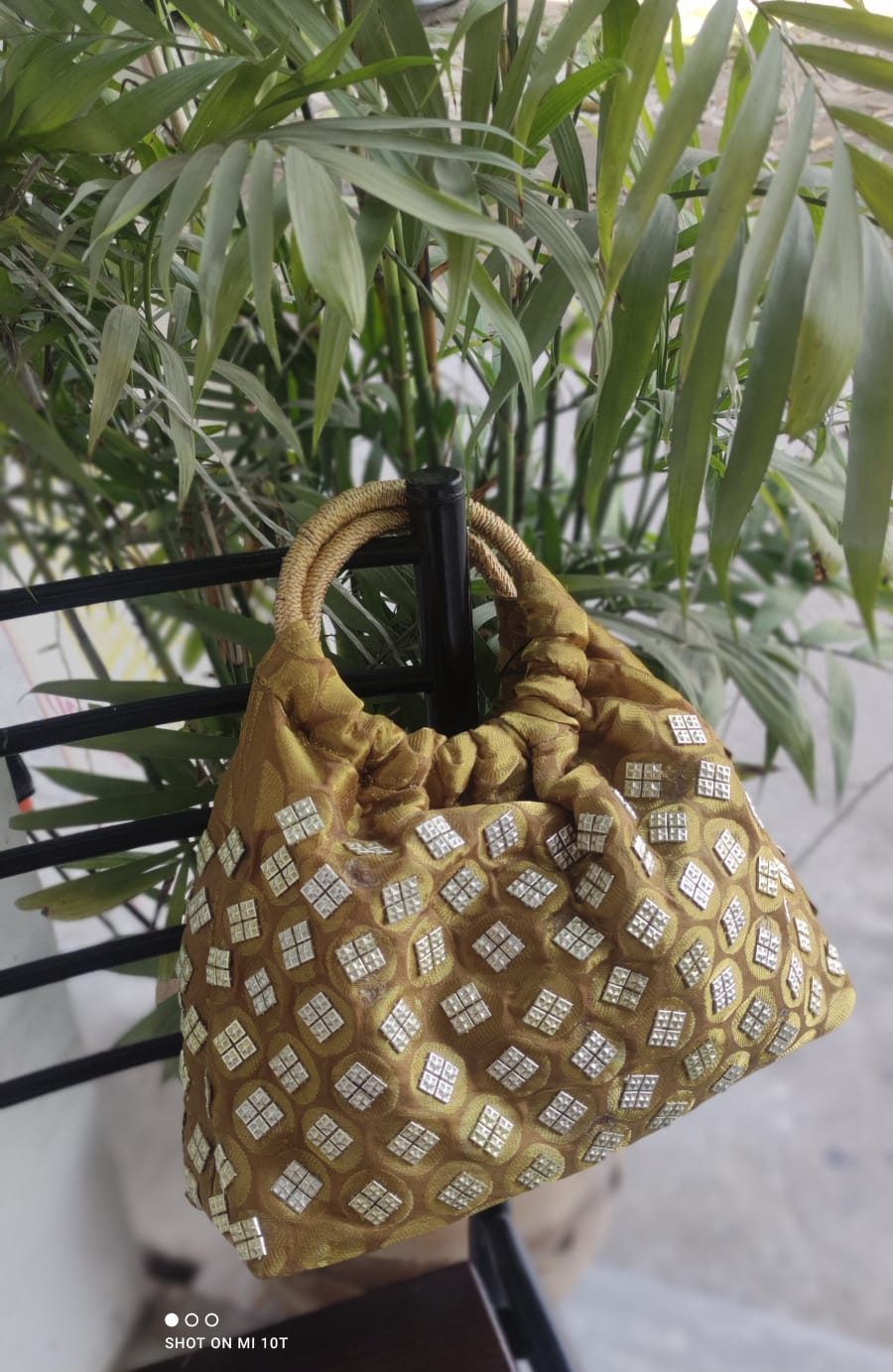 Luxury Mustard Tissue Fabric Handbag with Sparkling Diamond Embellishments