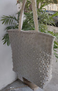 Elegant Off-White Silk Tote Bag with Premium Pearl Embellishments