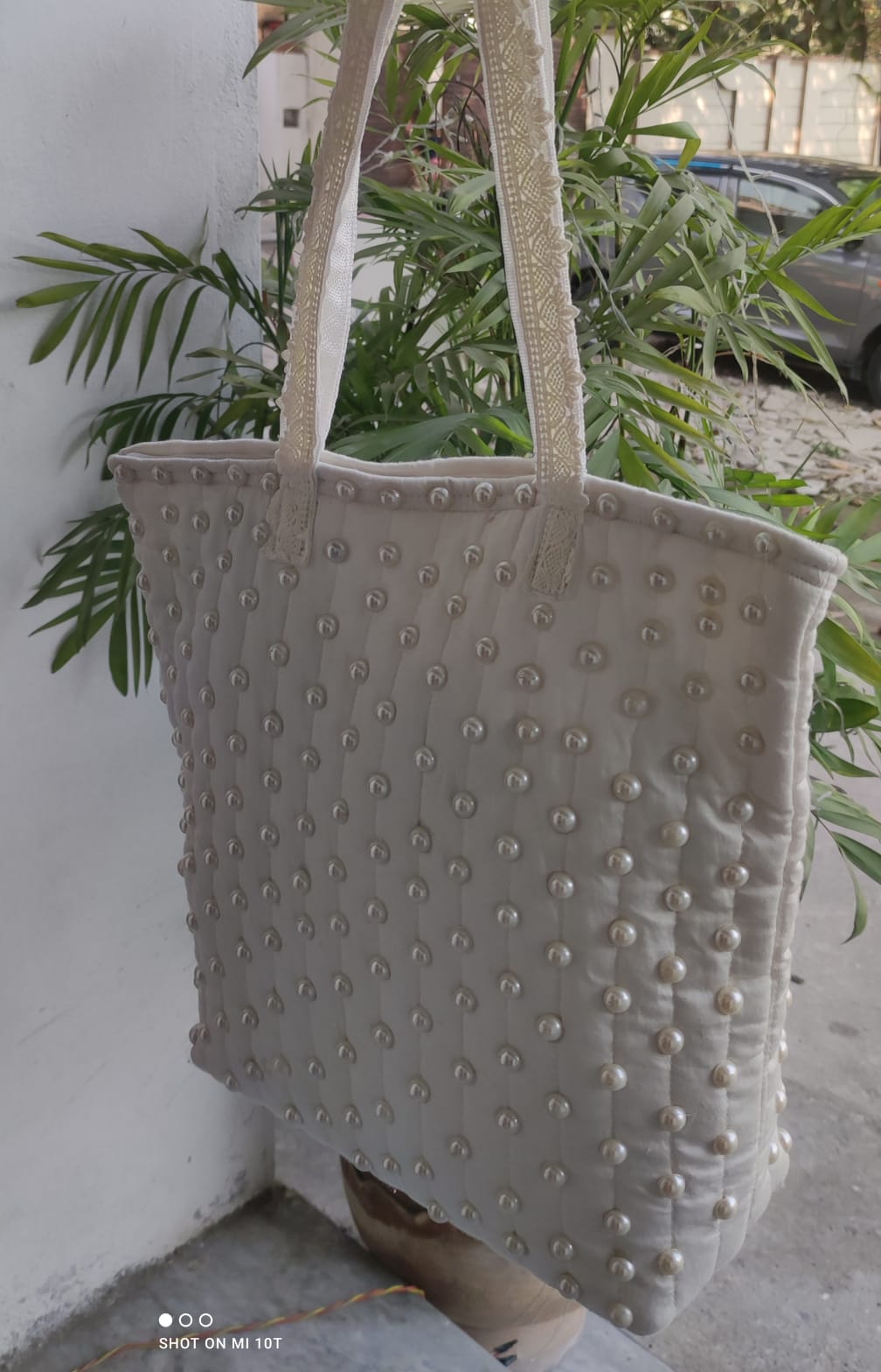 Elegant Off-White Silk Tote Bag with Premium Pearl Embellishments