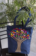Handcrafted Blue Denim Tote Bag with Golden Butterfly Embroidery
