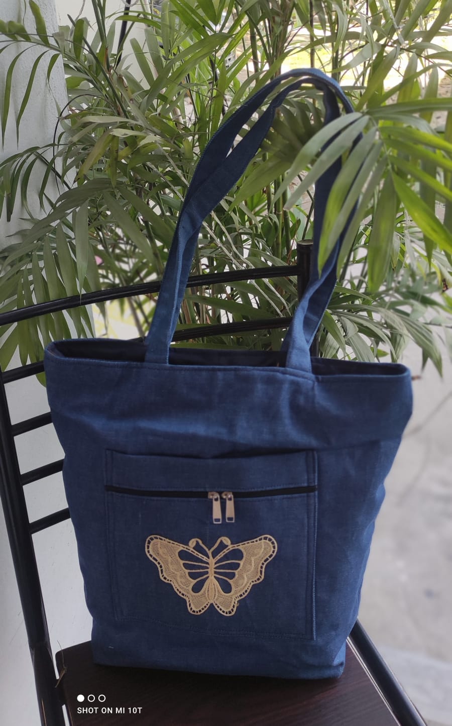 Handcrafted Blue Denim Tote Bag with Golden Butterfly Embroidery