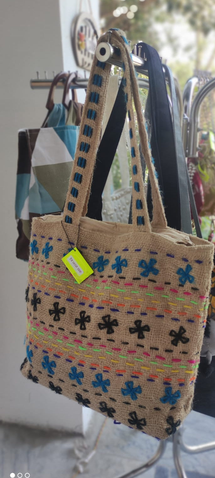 Artisanal Hand-Embroidered Jute Tote Bag – Skin Neutral with Vibrant Floral Patterns