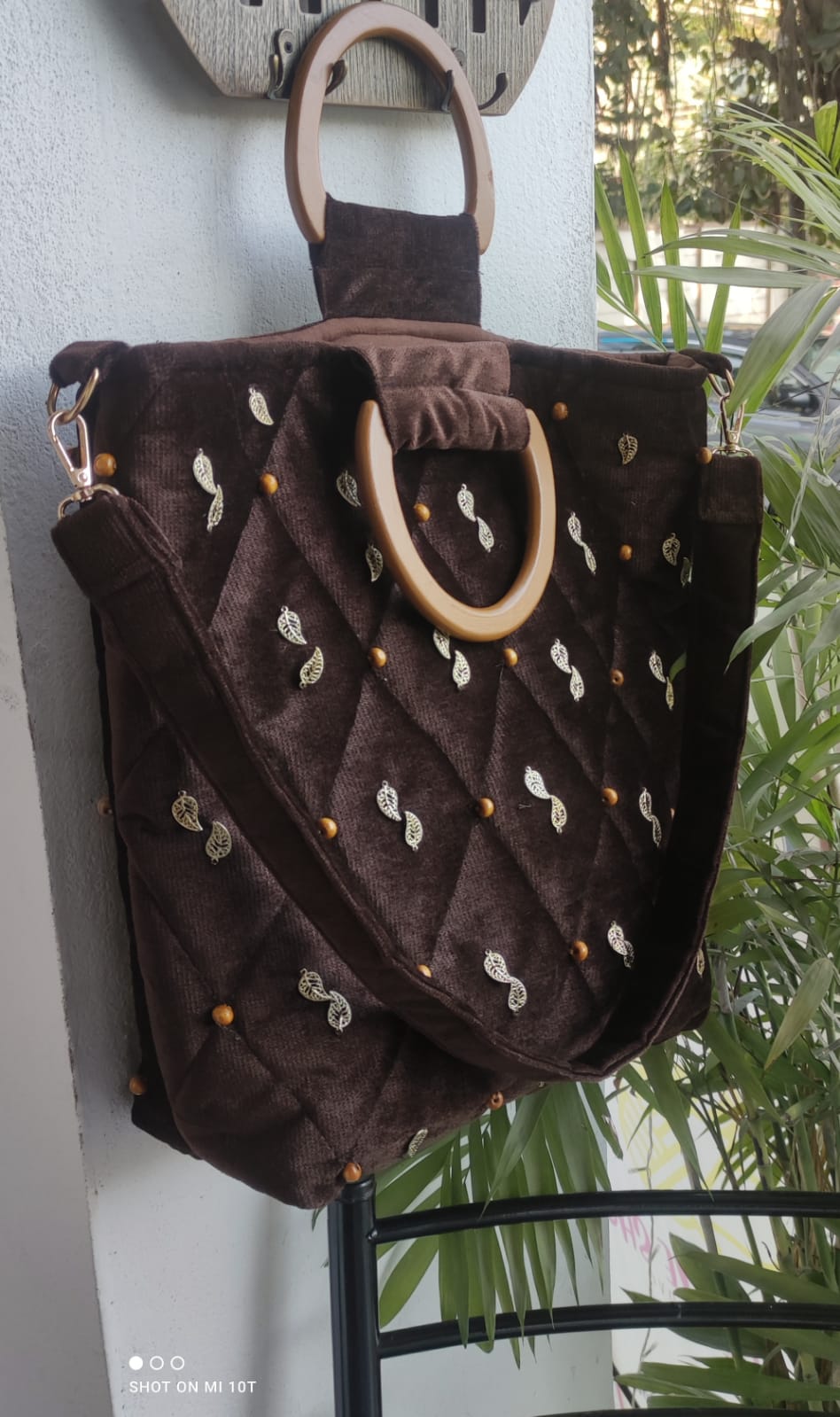 Luxury Dark Brown Velvet Tote Bag with Diamond Quilt & Metal Accents