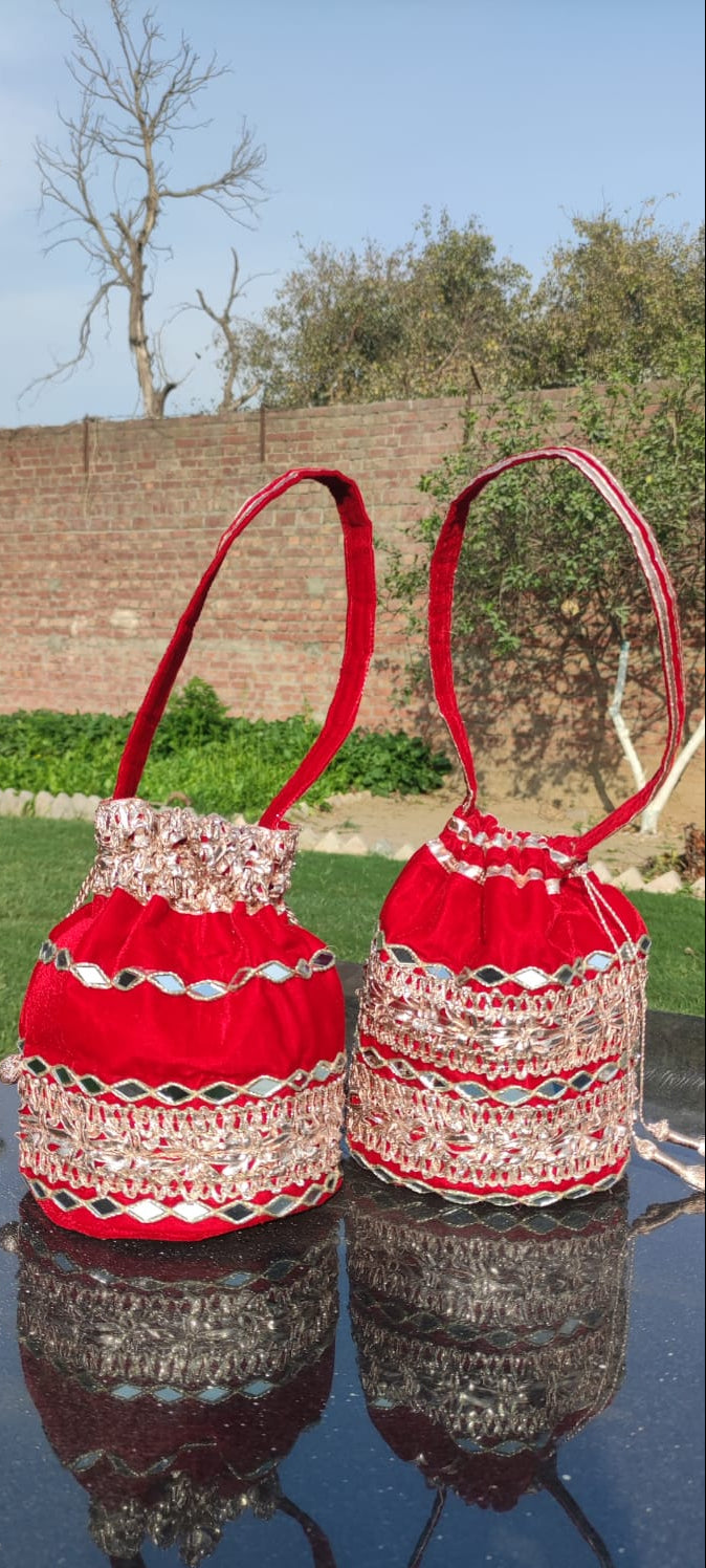 Handcrafted Crimson Red Potli Bag – Ornate Embroidered Evening Pouch