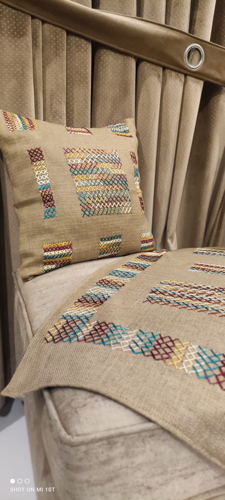 Signature Light Brown Jute Cushion & Runner Set – Set of 5 Luxury Cushions with Hand Embroidery