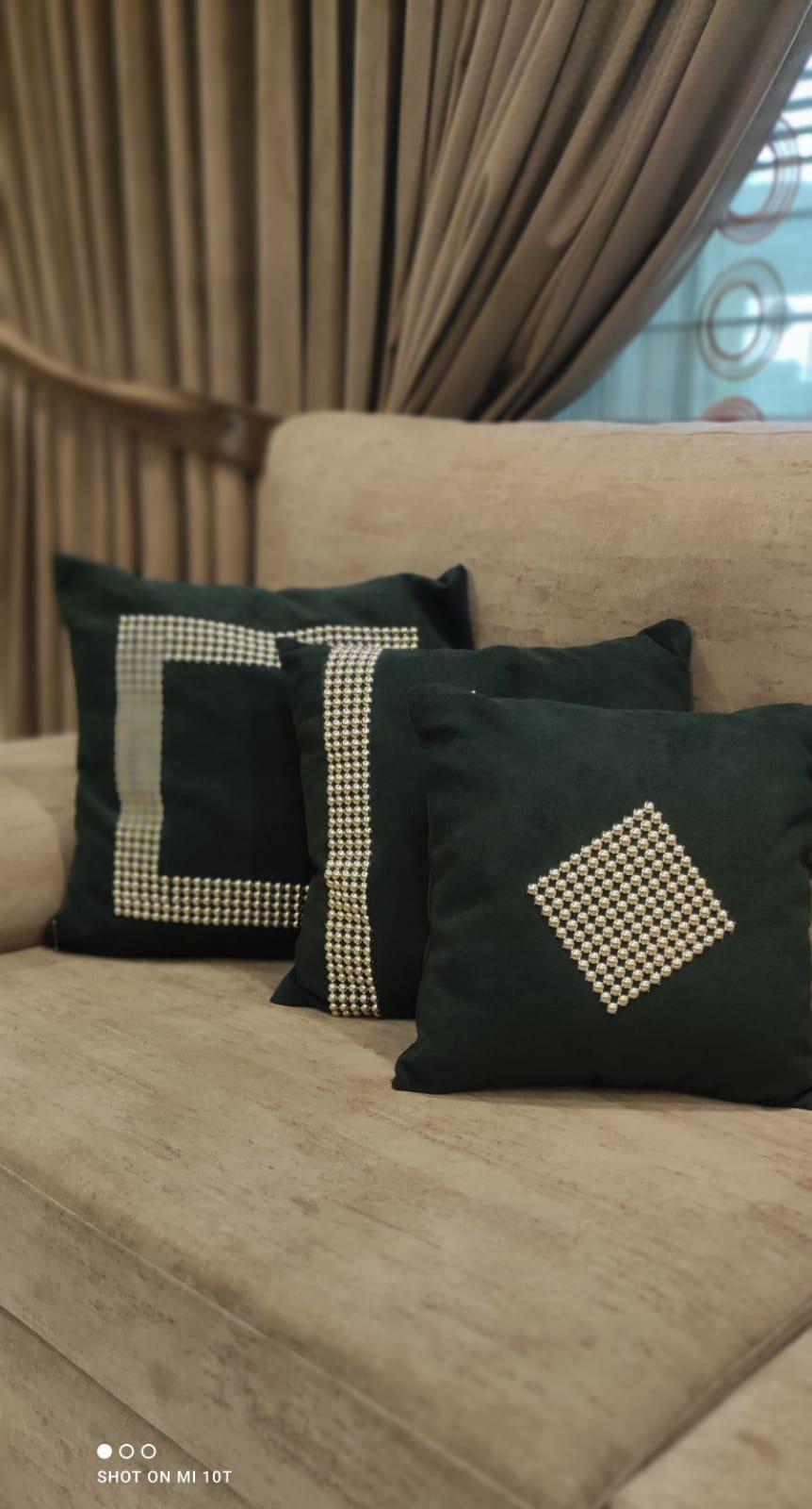 Premium Bottle Green Velvet Cushion Light Golden Stone Accents – Set of 3