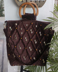Luxury Dark Brown Velvet Tote Bag with Diamond Quilt & Metal Accents