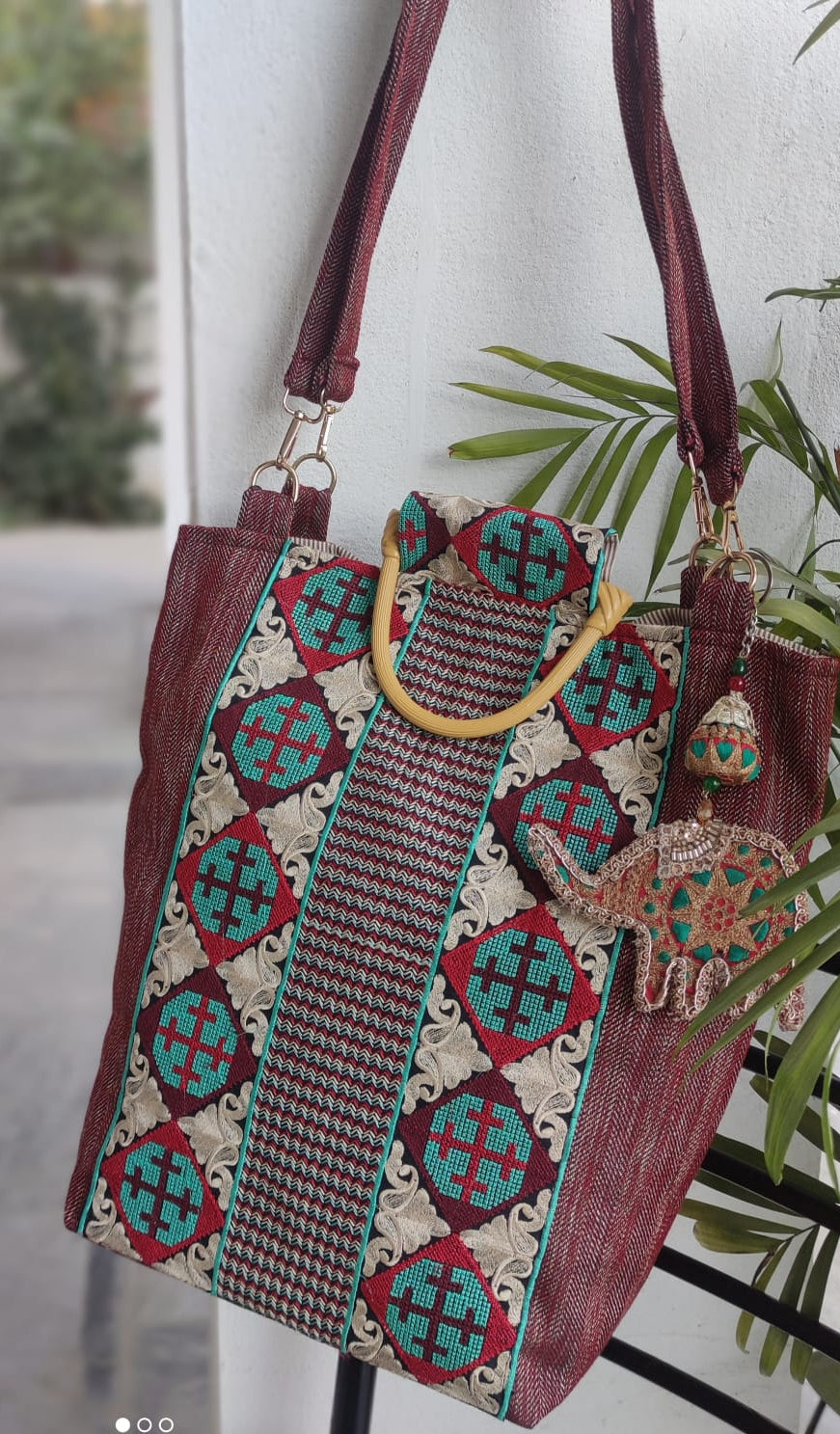 Artisanal Maroon Khaddar Tote Bag with Traditional Embroidery & Wooden Handles