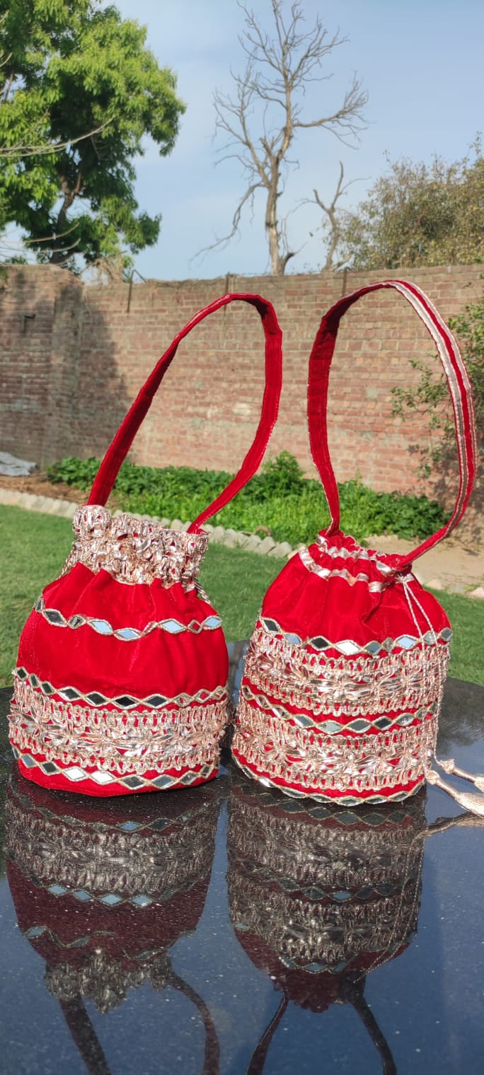 Handcrafted Crimson Red Potli Bag – Ornate Embroidered Evening Pouch