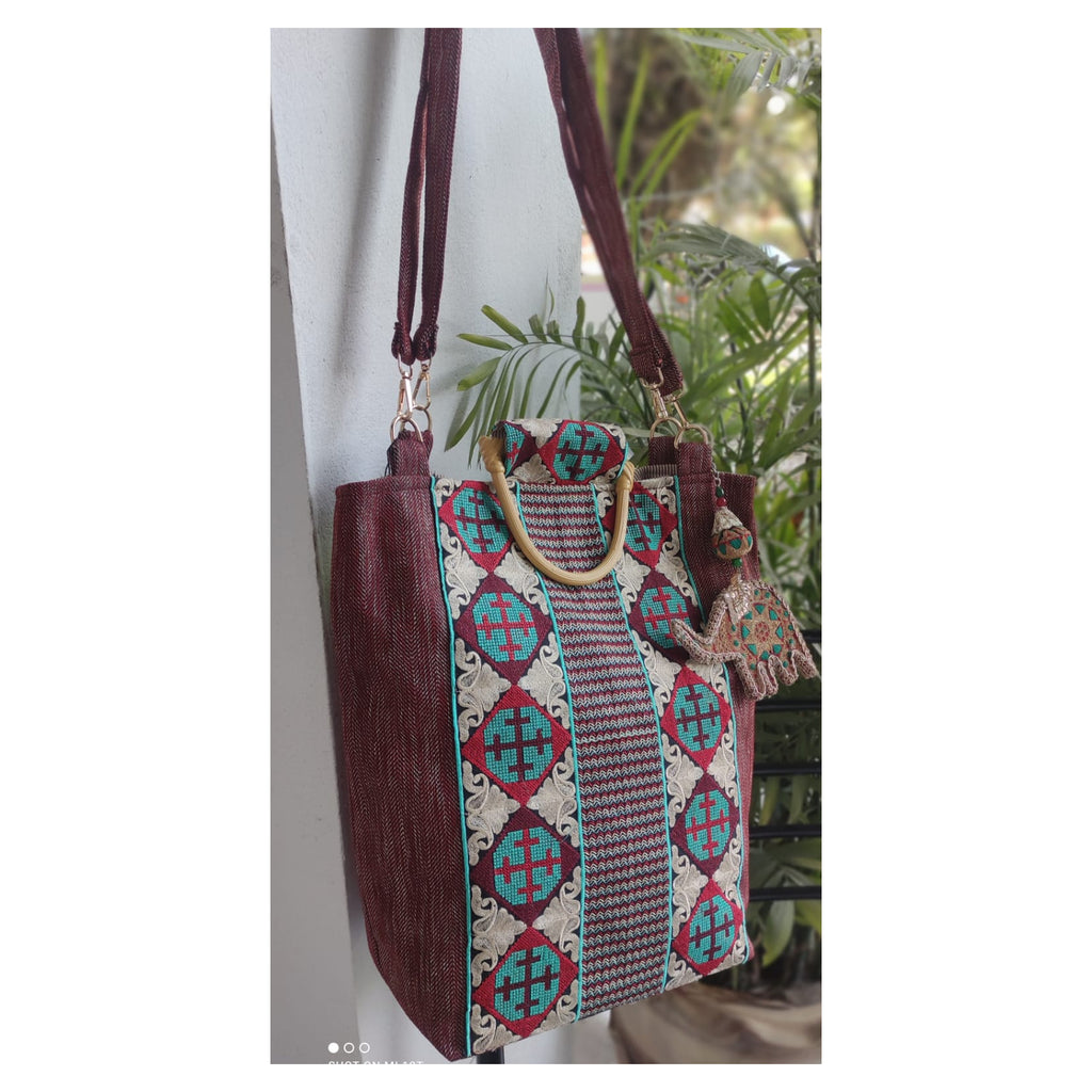 Artisanal Maroon Khaddar Tote Bag with Traditional Embroidery & Wooden Handles