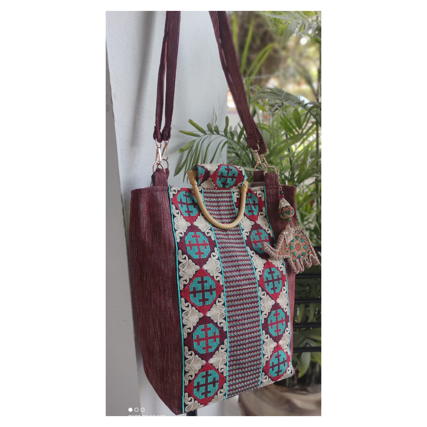 Artisanal Maroon Khaddar Tote Bag with Traditional Embroidery & Wooden Handles