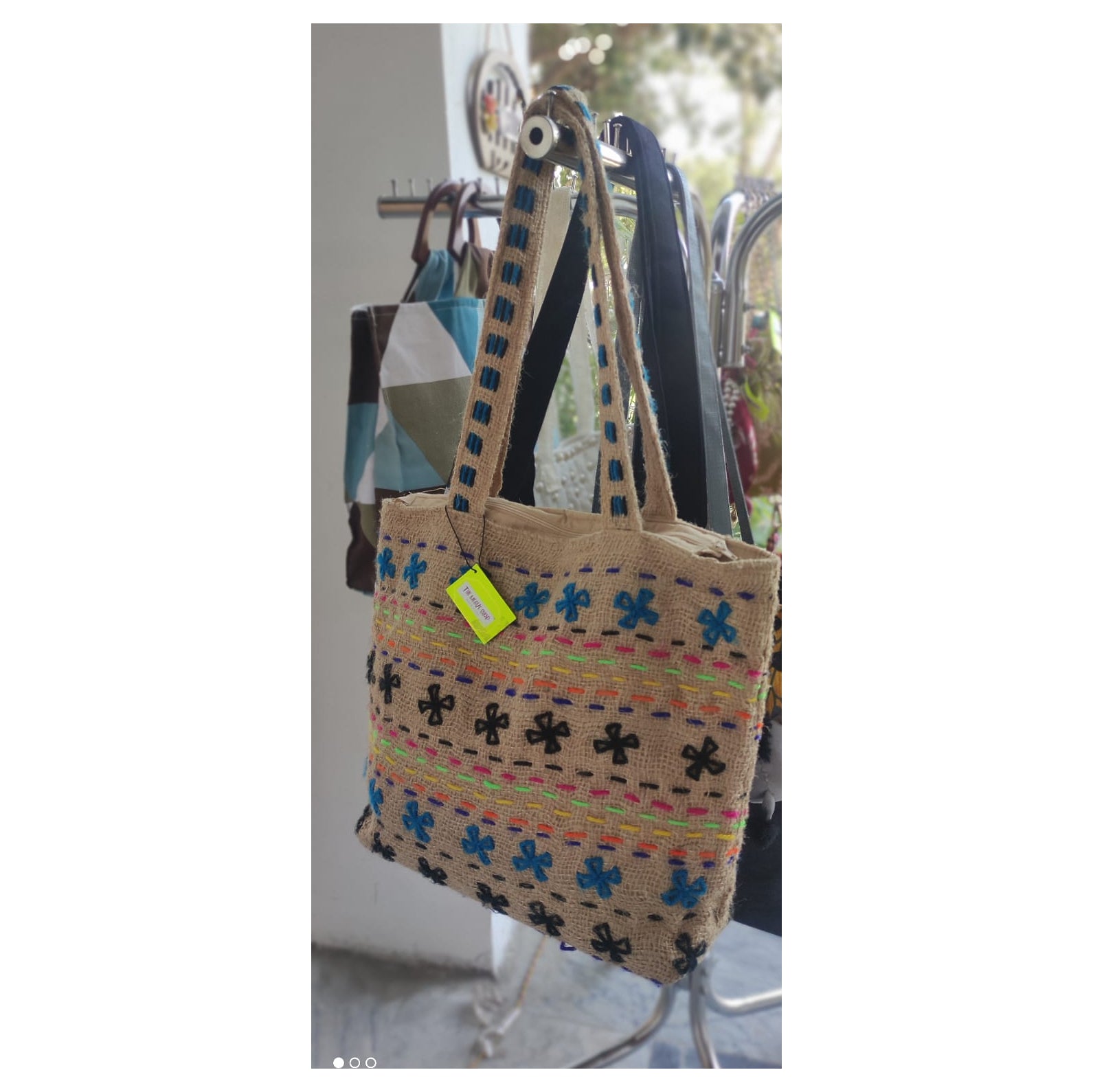 Artisanal Hand-Embroidered Jute Tote Bag – Skin Neutral with Vibrant Floral Patterns