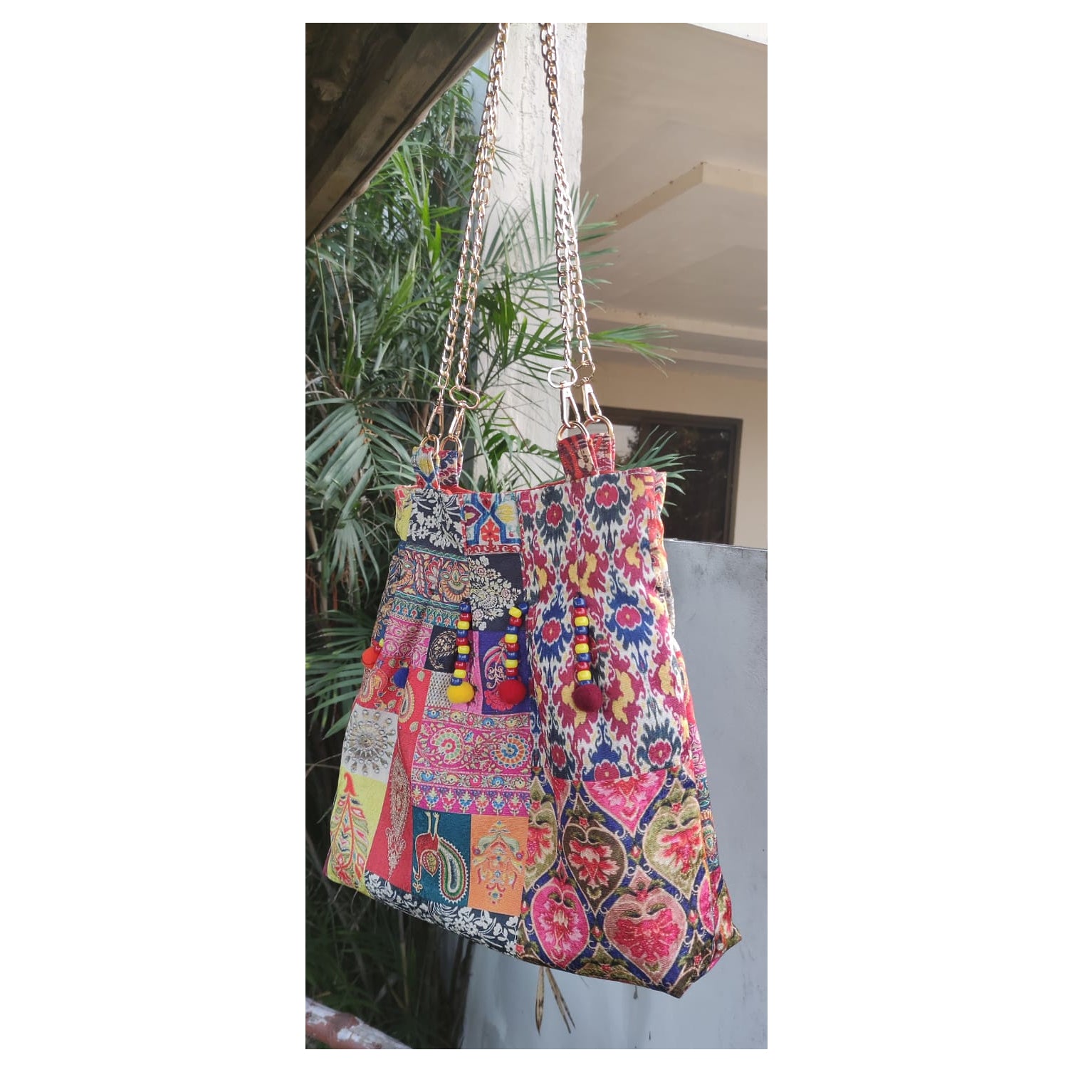 Artisan Handcrafted Khaddar Patchwork Tote Bag with Golden Chain Straps