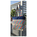 Premium Handcrafted Velvet Tote Bag – Skin & Navy Blue with Vibrant Geometric Embroidery