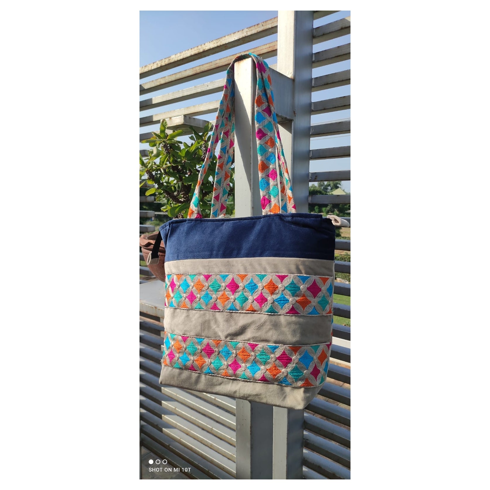 Premium Handcrafted Velvet Tote Bag – Skin & Navy Blue with Vibrant Geometric Embroidery